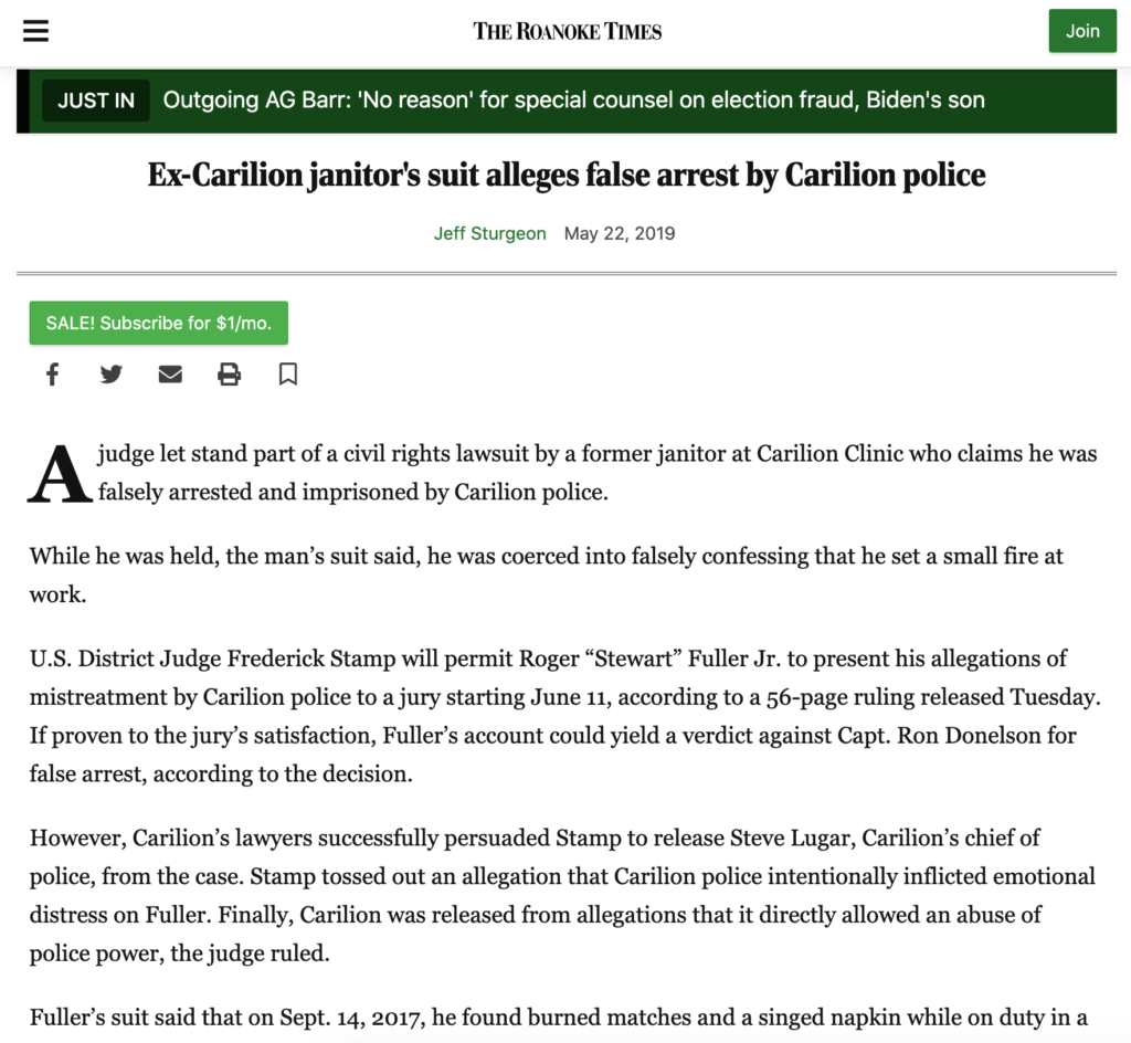 Ex-Carilion janitor's suit alleges false arrest