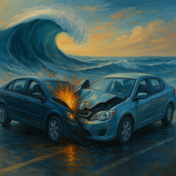 Painting of a dramatic car crash near the ocean, with crashing waves in the background and two sedans colliding head-on — symbolizing the chaos of personal injury events.