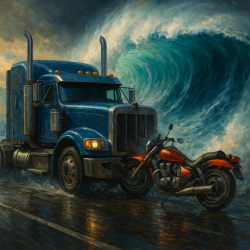 Painting of a collision between a blue semi-truck and a red motorcycle on a wet coastal road, with a massive ocean wave crashing in the background under a stormy sky.